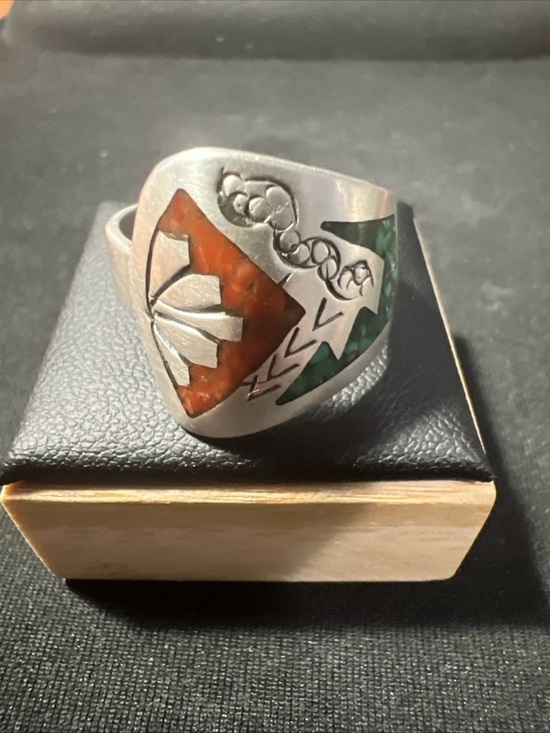 Navajo Jewelry - Vintage Navajo .925 Silver Turquoise & Coral Chip Inlay Ring Signed Size 9.75